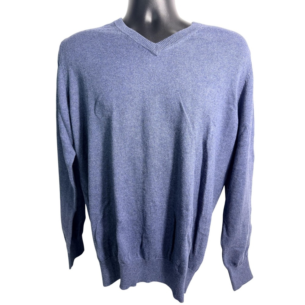 L.L.‎ Bean Sweater Mens Medium Blue Cotton Cashmere V Neck Knit Pullover Soft